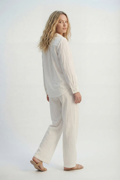 Cream Lightweight Crinkled Wide-Leg Pants with Elastic Waist - trousers
