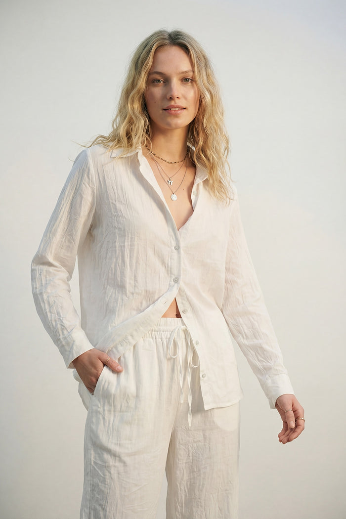 Cream Lightweight Crinkled Wide-Leg Pants with Elastic Waist - trousers