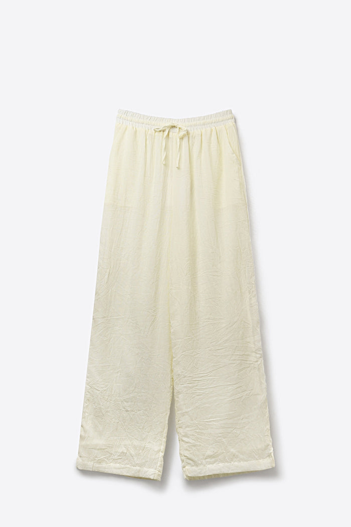 Cream Lightweight Crinkled Wide-Leg Pants with Elastic Waist - trousers