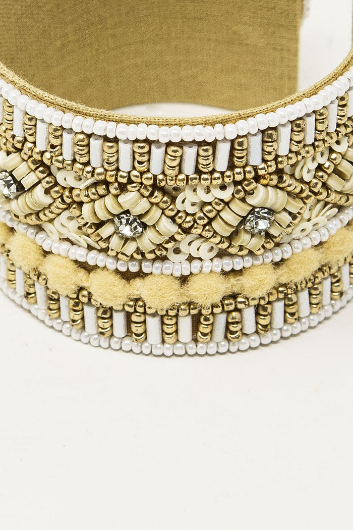 Cream Open Bracelet With Embellishments In White And Beige