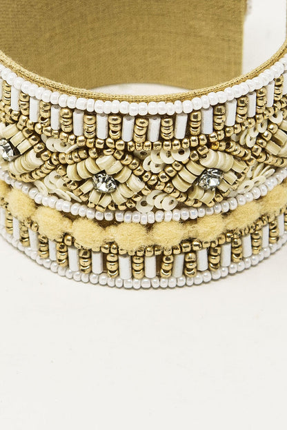 Cream Open Bracelet With Embellishments In White And Beige