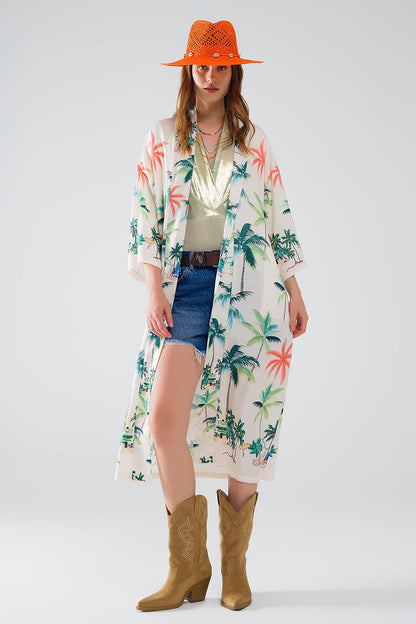 Cream Open Kimono with Beach Print in Midi Length