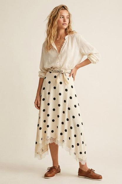 Cream Polka-Dot Print Satin Lace Trim Asymmetrical Midi Skirt