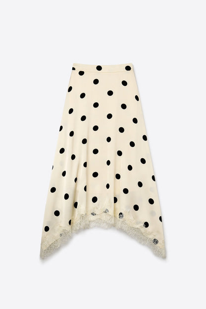 Cream Polka-Dot Print Satin Lace Trim Asymmetrical Midi Skirt