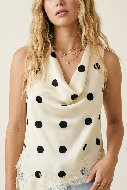 Cream Polka-Dot Satin Lace Trim Asymmetrical Sleeveless Top