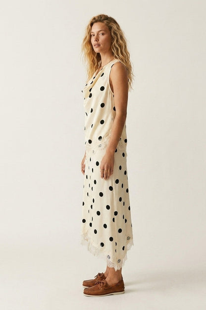 Cream Polka-Dot Satin Lace Trim Asymmetrical Sleeveless Top