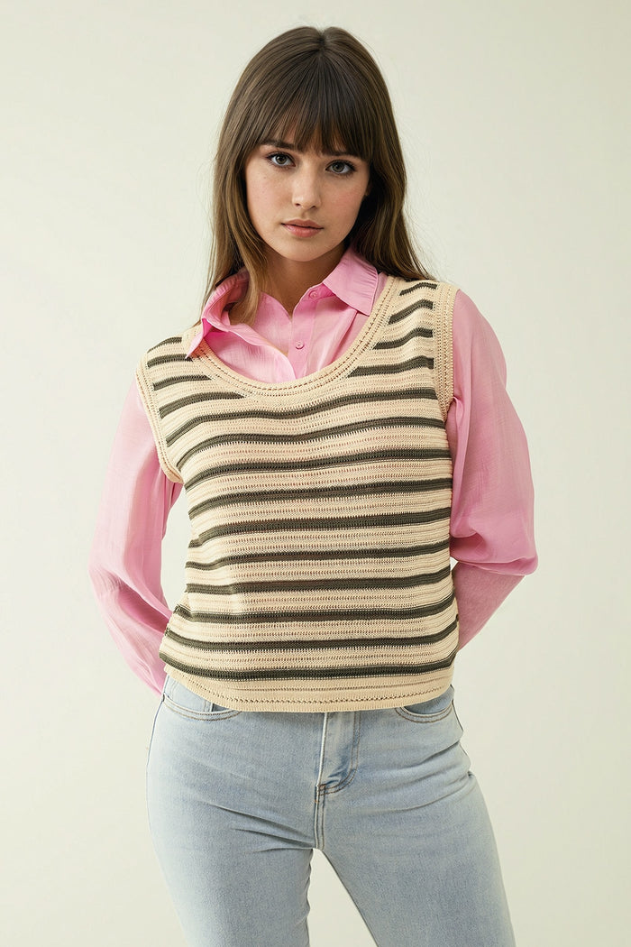 Cream sleeveless knit top with khaki stripes
