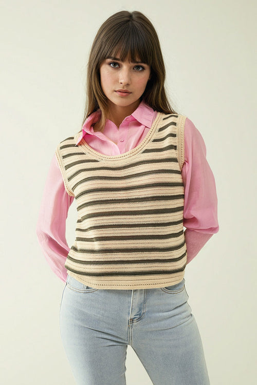 Cream sleeveless knit top with khaki stripes