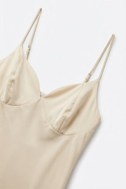 Cream Slip Dress with Adjustable Straps and V-Neckline - dress