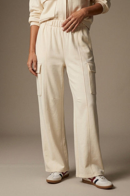 Cream viscose Elastic Waist Cargo Pocket Wide Leg Pants - trousers