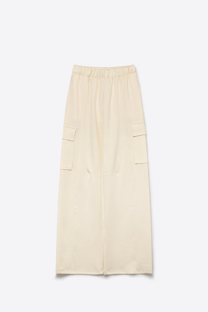 Cream viscose Elastic Waist Cargo Pocket Wide Leg Pants - trousers