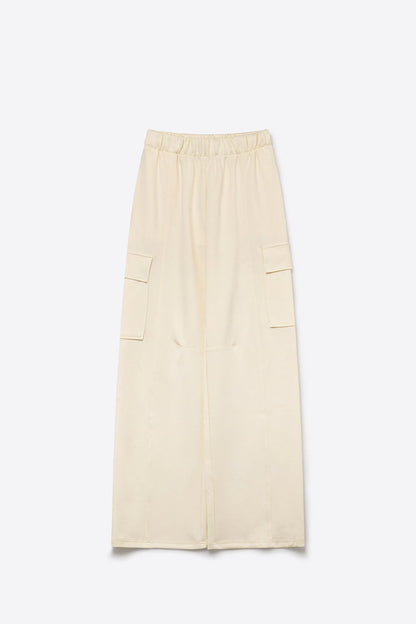 Cream viscose Elastic Waist Cargo Pocket Wide Leg Pants - trousers