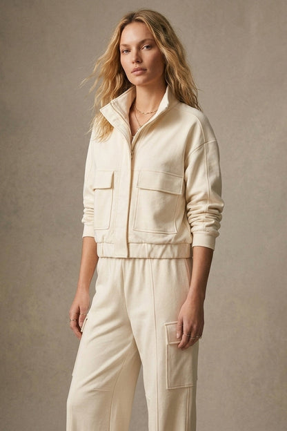 Cream viscose High Collar Pocket Front Relaxed Fit Bomber Jacket
