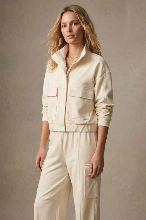 Cream viscose High Collar Pocket Front Relaxed Fit Bomber Jacket