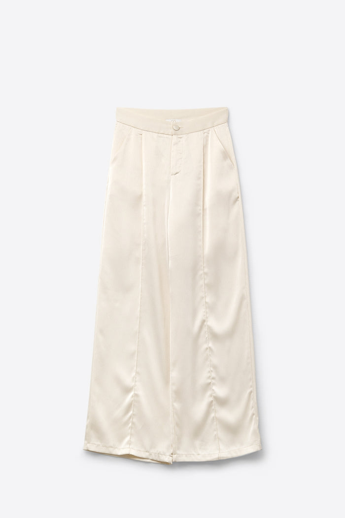 cream wide leg pants in textured satin - trousers