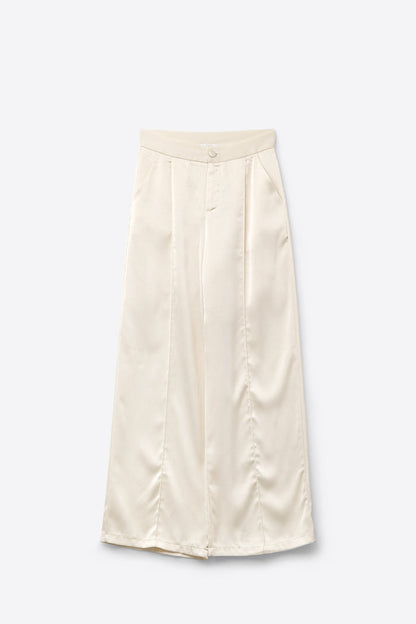 cream wide leg pants in textured satin - trousers