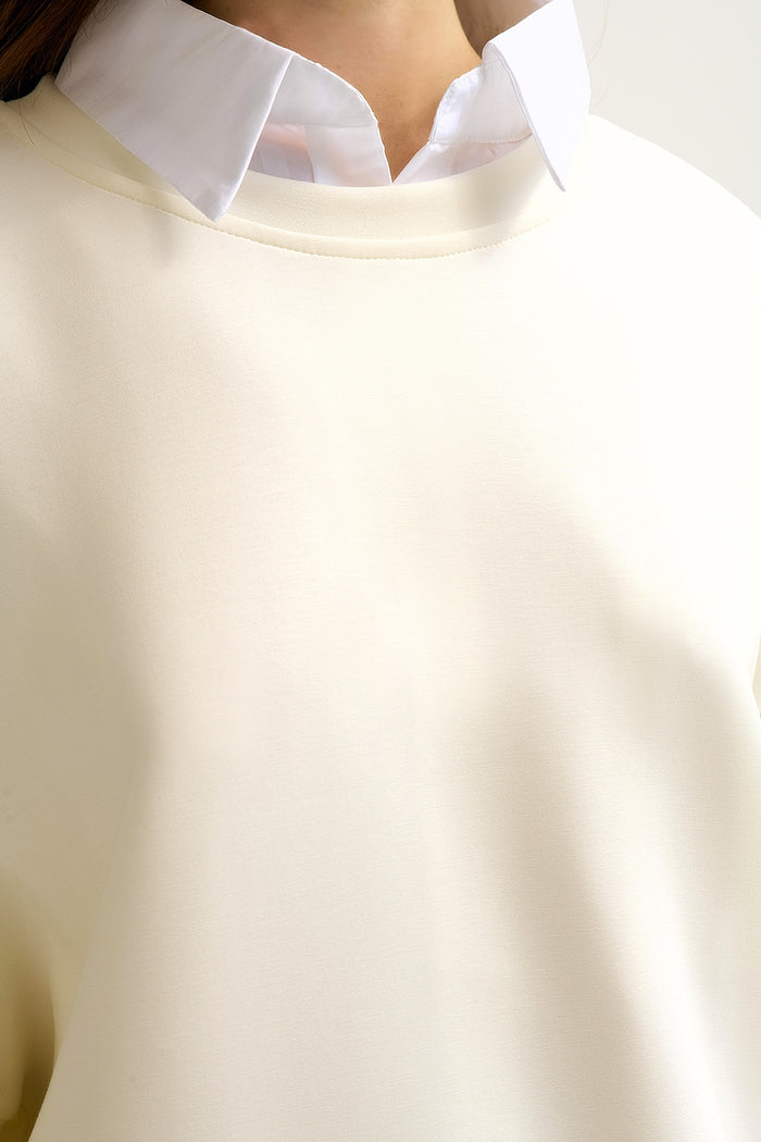 Crew Neck Dropped Shoulder Basic Sweatshirt in Cream