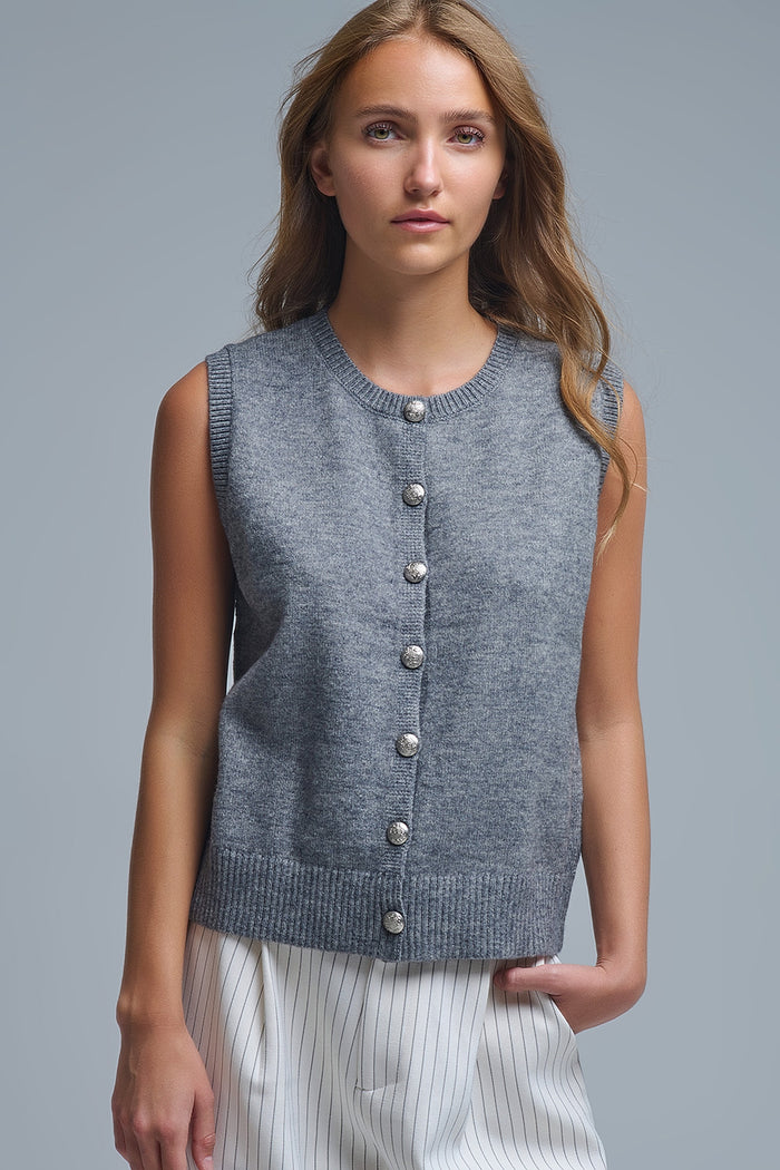 Crew Neck Metallic Button knitted Vest In Grey