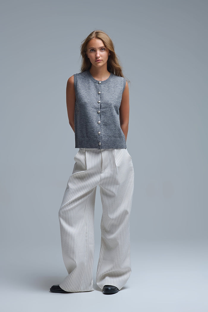 Crew Neck Metallic Button knitted Vest In Grey