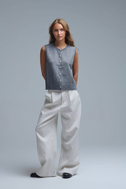 Crew Neck Metallic Button knitted Vest In Grey