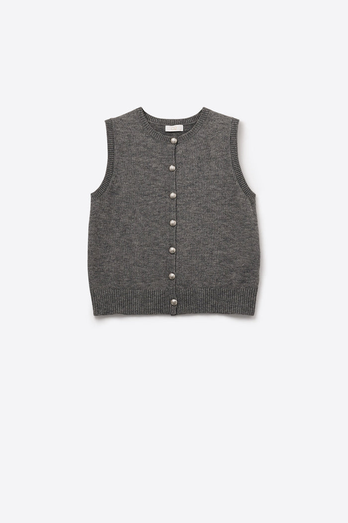 Crew Neck Metallic Button knitted Vest In Grey