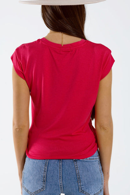 Crew neck T-Shirt with draped design and cap sleeve In Fuschia - top