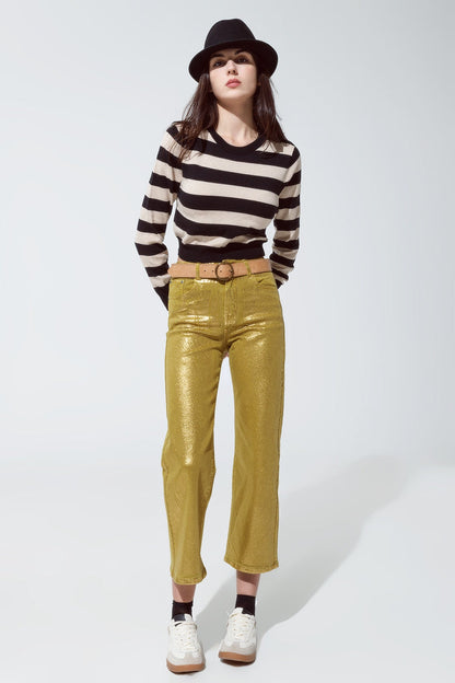 Crew Neckline Sweatshirt with Stripe Black and Beige Design