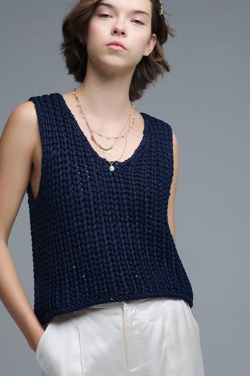 Crochet Cropped Vest in Navy With sequins Thread