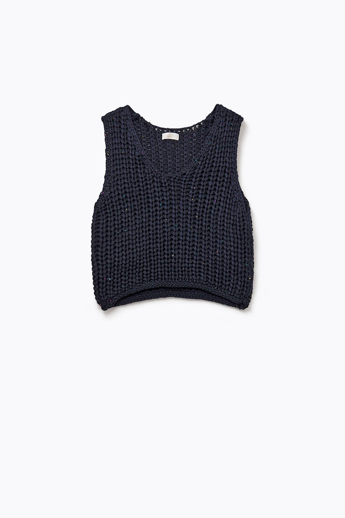 Crochet Cropped Vest in Navy With sequins Thread