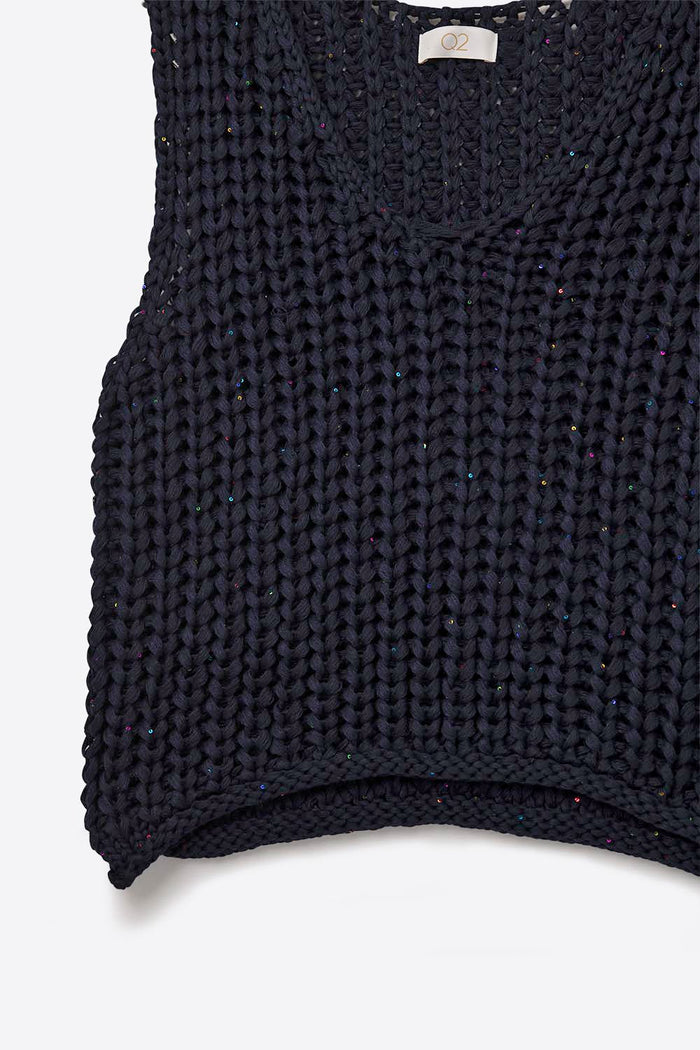 Crochet Cropped Vest in Navy With sequins Thread