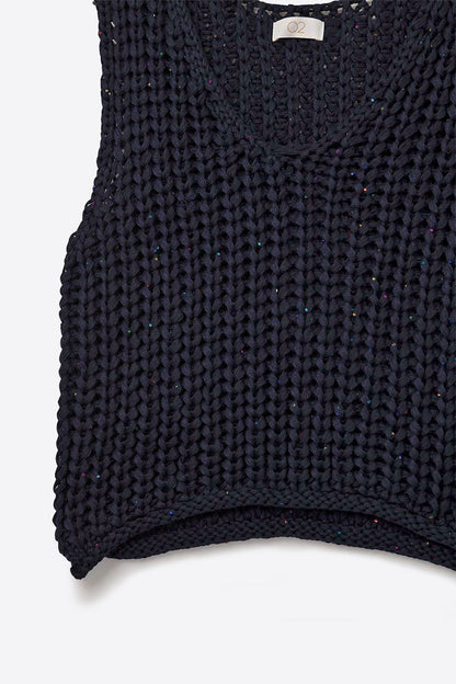 Crochet Cropped Vest in Navy With sequins Thread