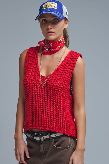 Crochet Cropped Vest in Red With sequins Thread