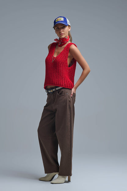 Crochet Cropped Vest in Red With sequins Thread