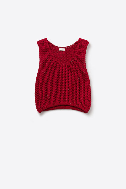 Crochet Cropped Vest in Red With sequins Thread