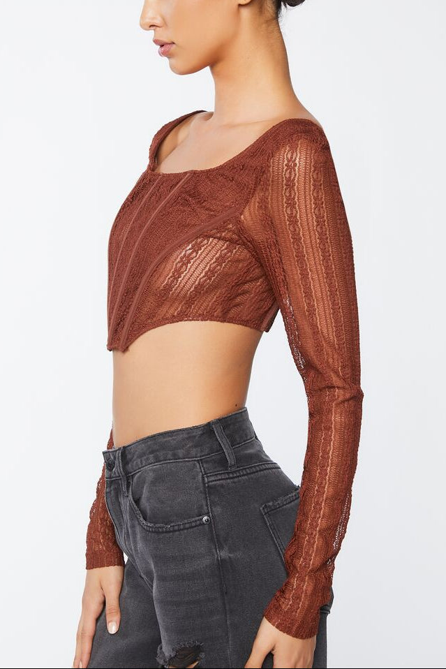Crochet Lace Long-Sleeve Crop Top