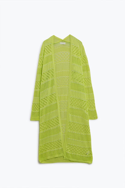 Crochet Maxi Cardigan In Lime With Long Sleeves