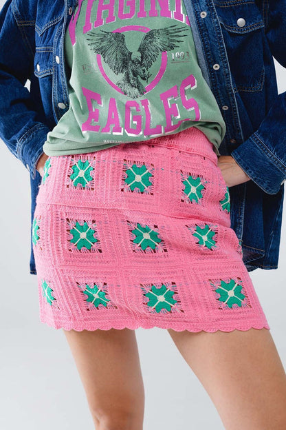 Crochet Mini Skirt in Pink With Turquoise Flowers