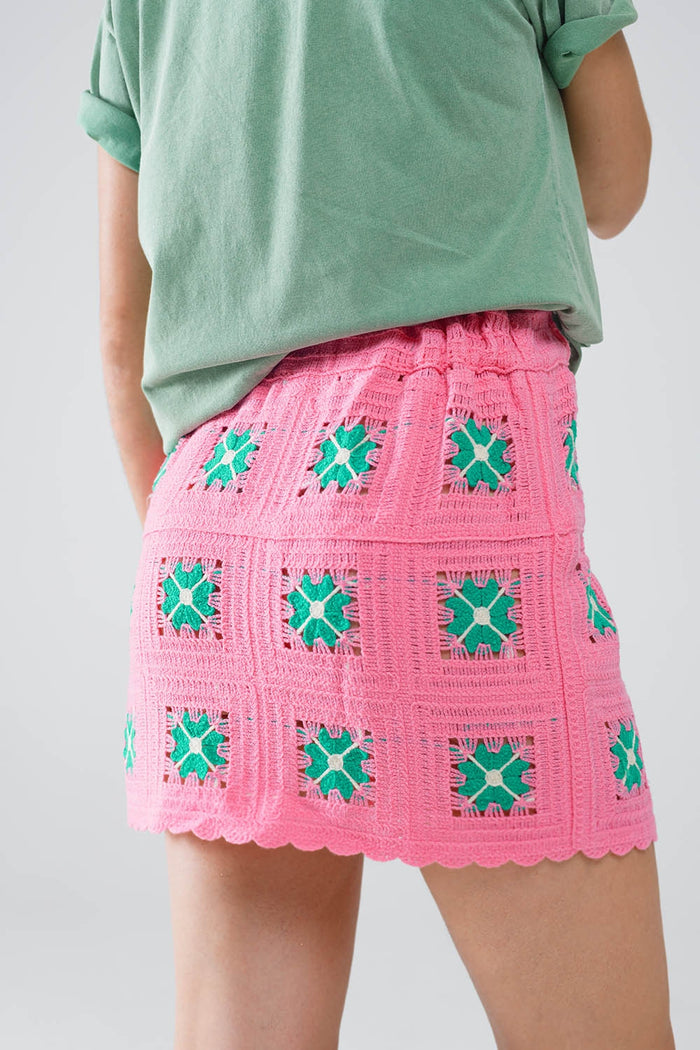 Crochet Mini Skirt in Pink With Turquoise Flowers