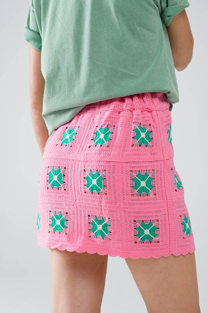 Crochet Mini Skirt in Pink With Turquoise Flowers