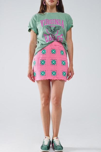 Crochet Mini Skirt in Pink With Turquoise Flowers
