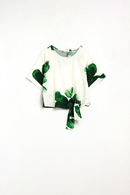Cropped Blouse With Floral Print in Green Tied At The Waist