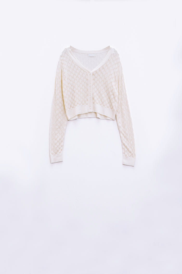Cropped Cardigan in Beige with Argyle Print