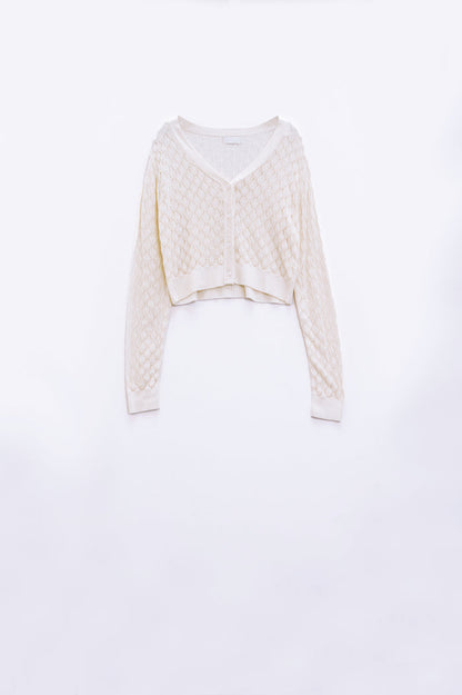 Cropped Cardigan in Beige with Argyle Print