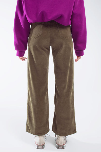 Cropped cord pants in khaki - trousers