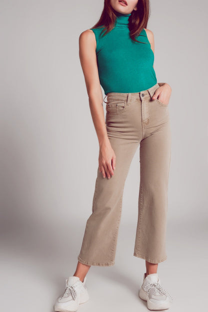 Cropped wide leg jeans in beige color - Coloured Jeans