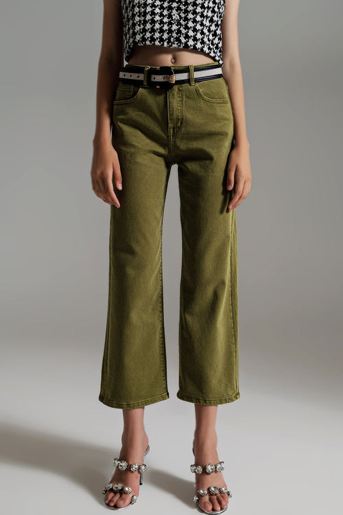 Cropped wide leg jeans in Olive green - Coloured Jeans