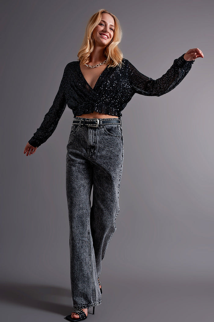 Cross over cropped and sheer top with sequins in black - Shirts, top