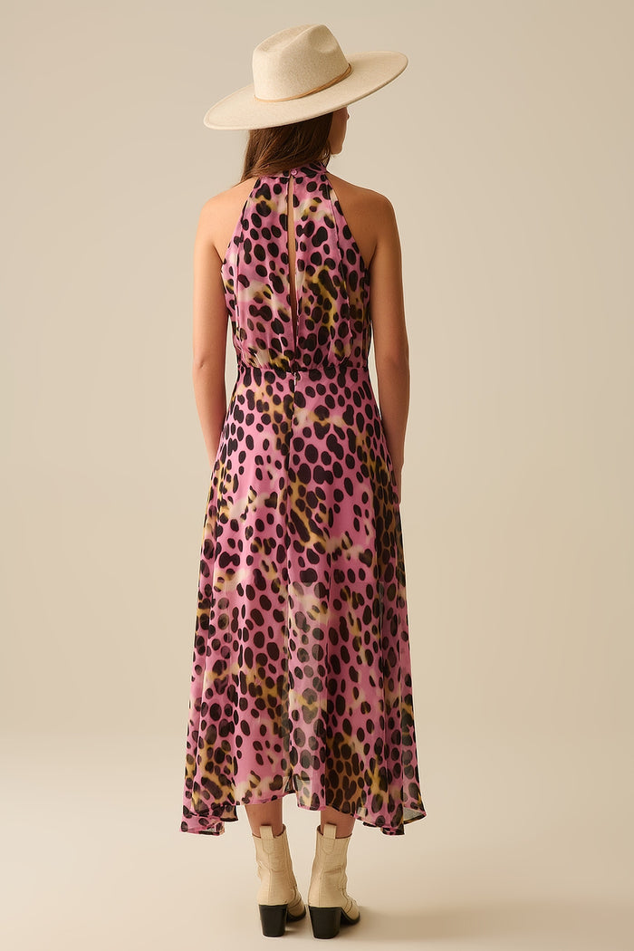 Crossed halter Neck Midi Dress in Pink and Black Animal Print - dress