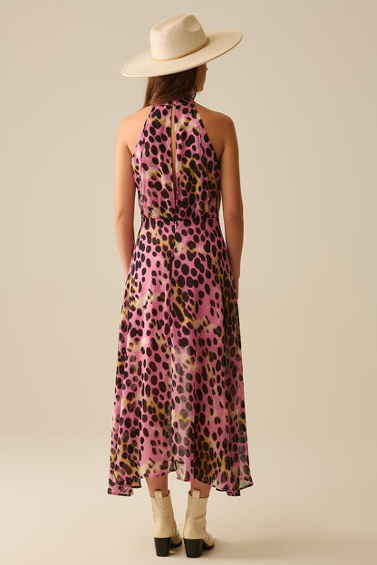 Crossed halter Neck Midi Dress in Pink and Black Animal Print - dress