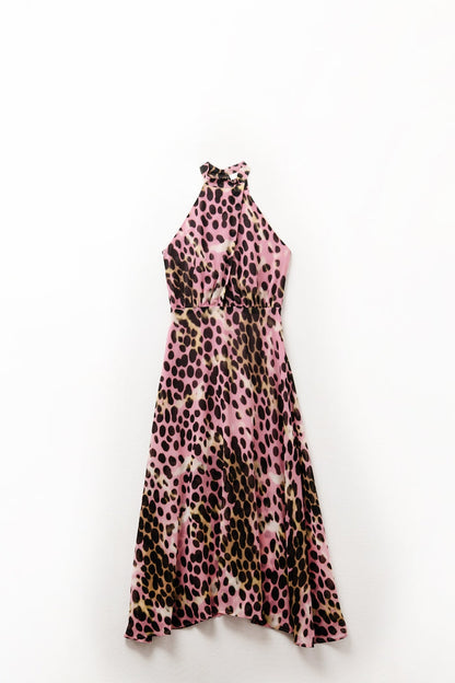 Crossed halter Neck Midi Dress in Pink and Black Animal Print - dress